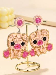 1 Pair Cute Piglet Rice Bead Pearl Earrings - Creative Handmade Design Piglet Shape Earrings, Exquisite Adorable Healing Women's Fashion Earrings - Multicolor - View 2