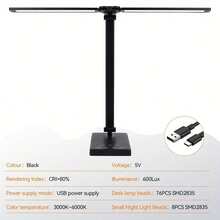 Dual-Head LED Desk Lamp, USB Powered, 5 Lighting Modes & Dimmable, Bedside Lamp, Reading, Crafting, Work, Study - Square Bottom Double Head - View 14