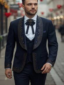 3 Piece Men's Suits, Rhinestone Embellished Shawl Collar Tuxedo, Slim Fit Formal Blazer With Vest And Pants, For Wedding Party Prom Groomsmen - 藏蓝色 - 查看 2