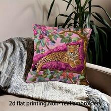 1Pc Luxury Pink Decorative Throw Pillow Cover - 17.7*17.7 Inches, 2D Printed Cheetah & Floral Design Cushion Case, Suitable For Bed, Living Room, Bedroom, Non-Embroidered Decorative Pillow Case, Machine Washable With Zipper, Gifts For Family Friends, Sofa Accessories (No Insert) - Multicolor - View 7