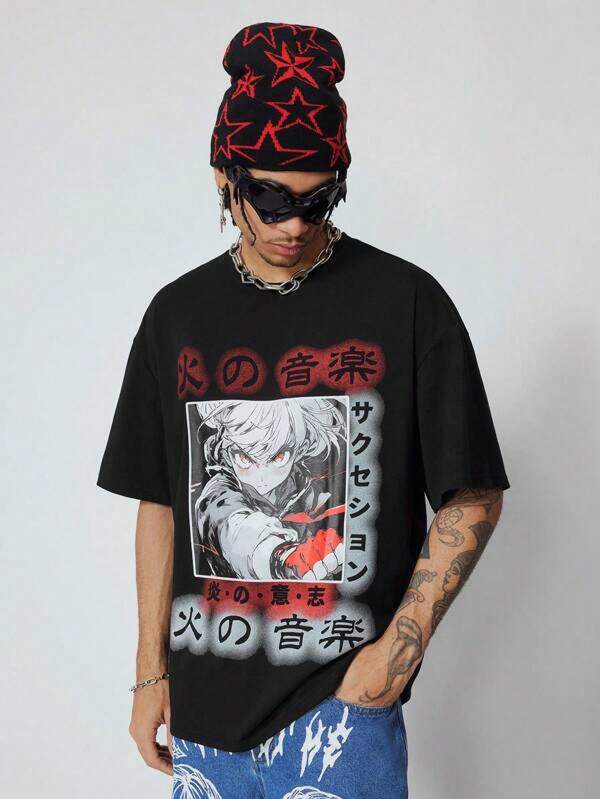 Graphic Tees Women ROMWE MEN Men's Anime Character Printed Round Neck Short Sleeve Casual T-Shirt Men's Summer Casual 180g Pure Cotton T-Shirt Patterned Printed Short Sleeved Top T-Shirt