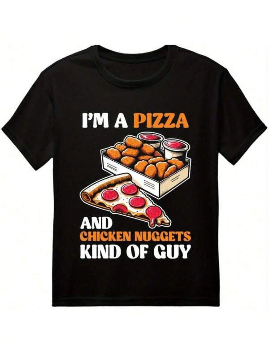 Men's T Shirts 1pc Men's Soft Stretch Black Pizza & Chicken Nuggets Graphic T-Shirt - Streetwear Casual Short Sleeve Round Neck Tee For Summer, Funny Food Print, Hand Wash Only, Comfortable Fit Shirt, Pizza Shirt Men's Casual Print Round Neck Short Sleeve T-Shirt Standard Fit T-Shirt For Men - 黑色 - 查看 1