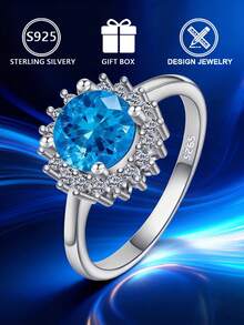 Anel feminino geométrico em prata de lei S925, com zircônia cúbica azul redonda cravejada em pavé, tamanho ajustável, ideal para uso diário ou para presentear, perfeito para noivado. Acompanha caixa para presente. - Prata - Ver 8