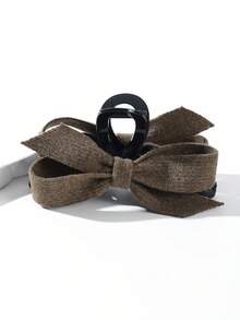 1个纯色法式双面蝴蝶结大号发爪夹，优雅发爪发饰，适合日常佩戴，时尚发夹，女士发饰 - 卡其色 - 查看 1