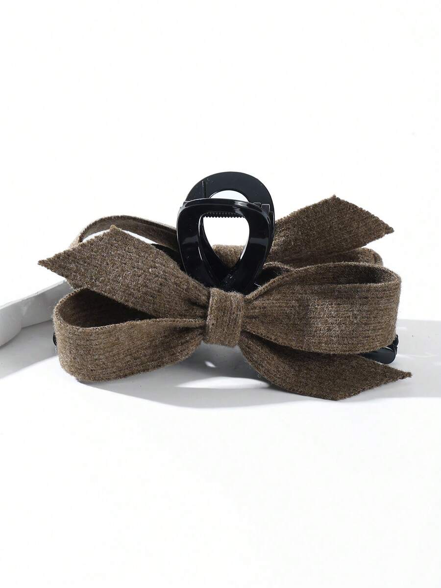 1个纯色法式双面蝴蝶结大号发爪夹，优雅发爪发饰，适合日常佩戴，时尚发夹，女士发饰 - 卡其色 - 查看 1