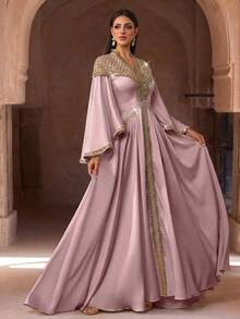 Elegante bata larga formal bordada en verde lima con corsé de cuentas y mangas acampanadas, vestido largo árabe, adecuado para mujeres, bata de fiesta, vestido de noche musulmán, bata formal, estilo modesto - Rosa vieja - Ver 8