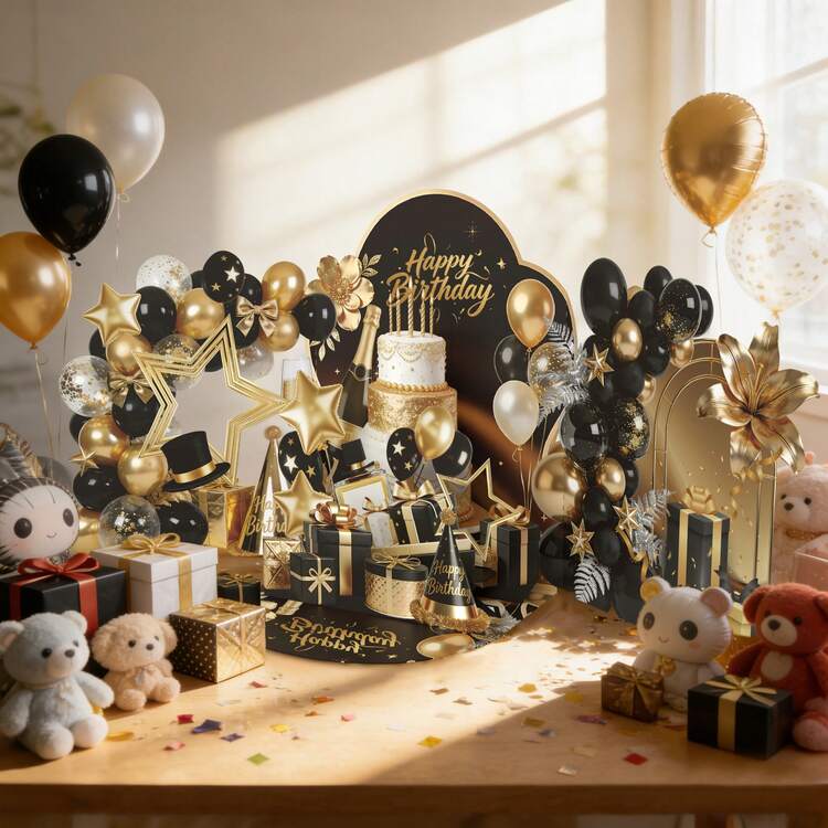 3D立体生日贺卡套装（含信封）、黑金气球、蛋糕、香槟、生日礼物、派对邀请函、情人节礼物、情人节装饰、感谢卡，送给亲朋好友 - Birthday Greeting Card - 查看 6
