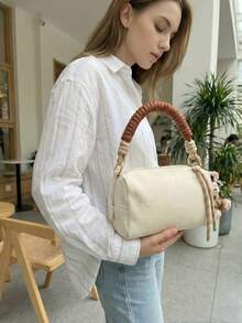 Burberry 1pc White Linen Cosmetic Storage Bag, With Top Handle, Size 22*10*12.5cm, Portable Toiletry Bag, Multi-Functional For Daily Use, Travel, Home Organization - White - View 4