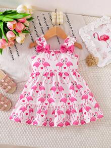 Baby Girl Flamingo Print Sleeveless Dress With Double Ruffle Hem + Bow Shoulder Design, Cute Pink Series, Spring/Summer - Pink - View 1