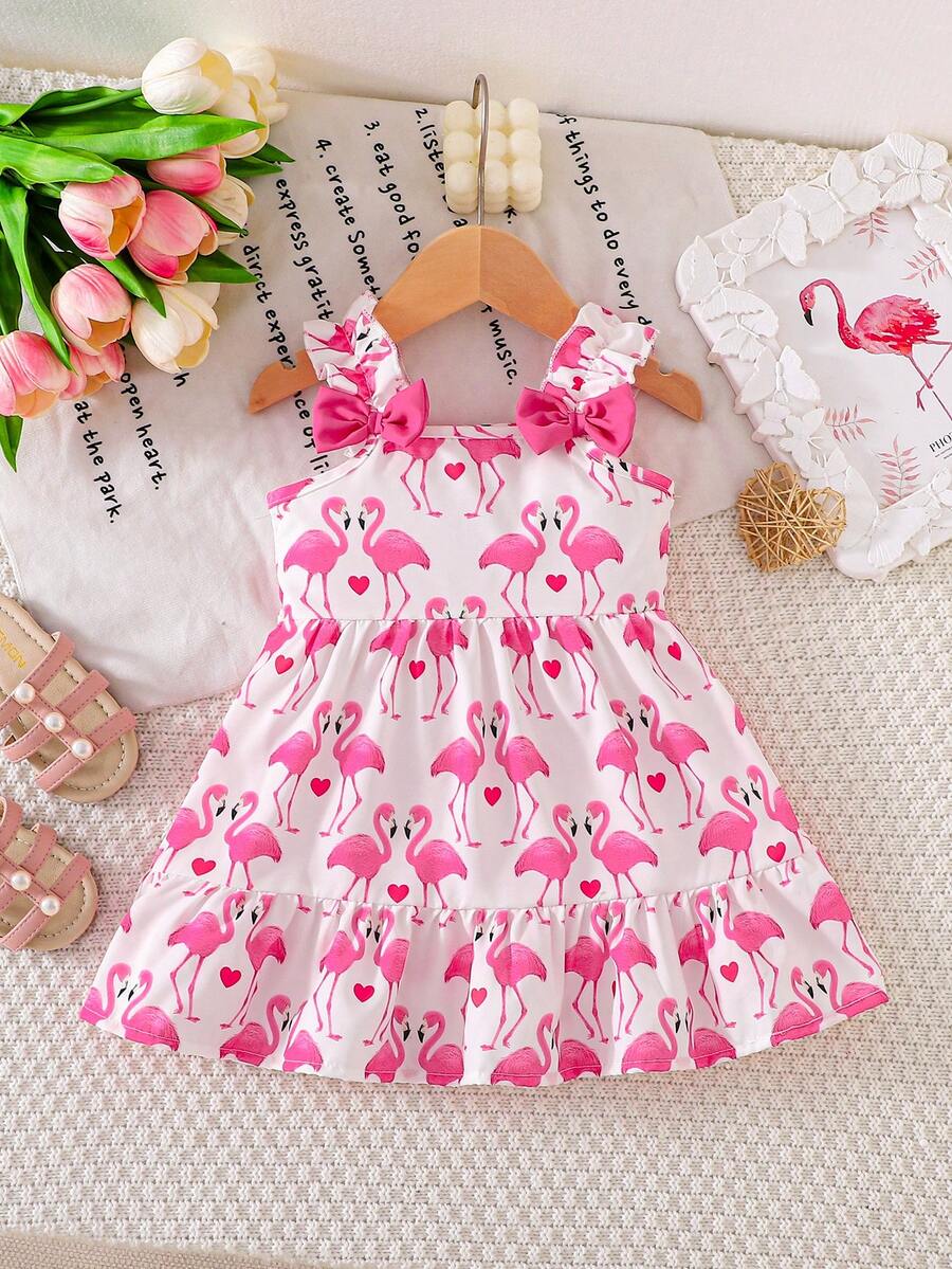 Baby Girl Flamingo Print Sleeveless Dress With Double Ruffle Hem + Bow Shoulder Design, Cute Pink Series, Spring/Summer - Pink - View 1
