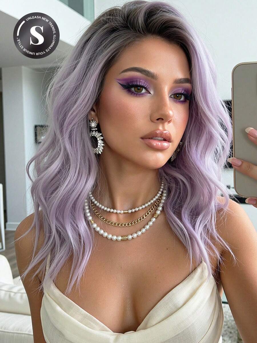 20" Lavender Wavy Bob Wig, Women - Shoulder Length, Middle Part, Heat Resistant Synthetic Fiber, Natural Look, Blonde Wig, Essential For Beauty Events, Suitable For Beginners, High Quality, Women's Wig, Versatile Use For Daily, Party, Cosplay, Holiday, Music Festival And More, Elegant & Fashionable - 淡紫色 - 查看 1