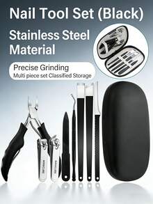 8/3/1 件套现代不锈钢指甲钳修脚套装，7 合 1 套装，带长柄、弯头指甲钳，男女通用修甲修脚工具，适用于脚趾甲，万圣节礼物，包含指甲锉 - 黑色 - 查看 1