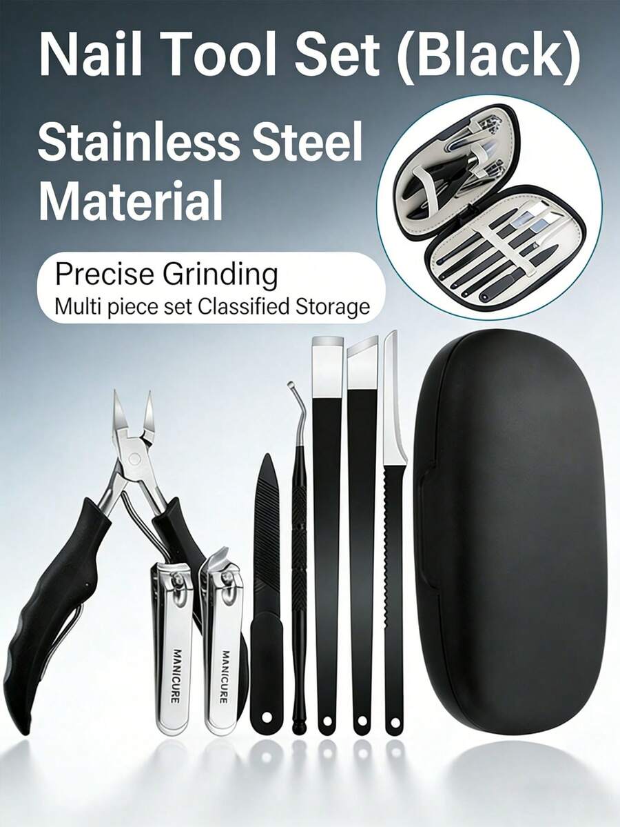 8/3/1 件套现代不锈钢指甲钳修脚套装，7 合 1 套装，带长柄、弯头指甲钳，男女通用修甲修脚工具，适用于脚趾甲，万圣节礼物，包含指甲锉 - 黑色 - 查看 1