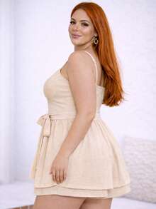 Women's Plus Size Summer Jumpsuit Dress With Elastic Back, Casual Elegant Knot And Ruffle Detail For Holidays - 米色 - 查看 3