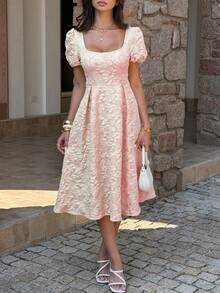 女士春夏优雅方领花瓣袖印花纹理腰部喇叭下摆中长连衣裙，适合度假、婚礼、派对等场合，粉色 - 粉色 - 查看 8