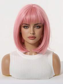 12-calowa krótka, falowana peruka syntetyczna dla kobiet, krótkie, proste włosy, odpowiednia na co dzień, święta, podróże, Halloween, Boże Narodzenie, Nowy Rok, karnawał, festiwal muzyczny, cosplay, idealna na prezenty dla dziewczyn, letnie prezenty na ukończenie szkoły, gotowe prezenty, prezenty na Halloween i Boże Narodzenie - Różowy - Zobacz 4