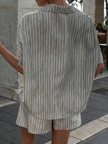 VIVINA Summer Casual Vacation Striped Print Loose Top And Shorts 2 Pieces Set, Women Summer Casual Outfit, Women Vacation Outfit, Women Loungewear - Grey - View 3