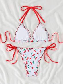 Women's Floral & Plant Print Tie-Back Backless Bikini Set, Cute Beach Vacation - White - View 7