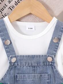 2pcs Baby Girls Cute Casual Short Sleeve Top + Cherry Pattern Suspender Dress Set, Lightweight Spring/Summer Vacation Outfit - Blue and White - View 5