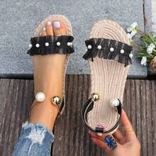 Comfortable Low Heel Bohemian Bowknot Flower Sandals, Soft Sole Suitable With Dresses, Beautiful Beach Shoes - Black - View 9