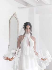 2026 Elegant Minimalist Long Lace Embroidered Bridal Veil, Cathedral Wedding Headpiece - A - View 6