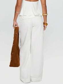 Womens Casual Long Pants Loose Striped Solid Mid Rise Wide Leg Trousers For Daily Outdoor - White - View 3