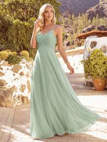 EVERPRETTY Spring Solid Color Pleated Bust Camisole Dress, Spaghetti Strap Draped Open Back Design, Elegant Sage Green Bridesmaid Dress, Wedding Guest Dress - Mint Green - View 4