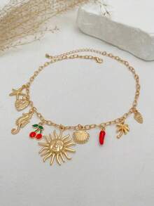 1件海洋假日几何细链金属向日葵、海星、贝壳、扇贝、海马流苏吊坠项链，优雅奢华，适合婚礼派对、海滩度假、日常休闲、街头风格，女士情侣假日生日百搭项链礼物 - 金色 - 查看 6