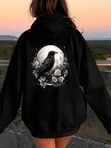 Women's Black Raven & Roses Graphic Print Hoodie - Black - View 2