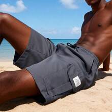 男士松紧腰抽绳夏季工装休闲短裤，带大口袋 - 灰色 - 查看 2