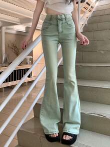 新款百搭简约女式牛仔裤，带口袋和腰带 - 中等水洗藍 - 查看 2