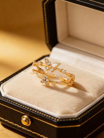 1pc Elegant Fashion Versatile Sweet Minimalist Style, Cubic Zirconia Butterfly & 26 Letter Double Layer Adjustable Ring For Women, Suitable For Daily Wear, Unique Jewelry