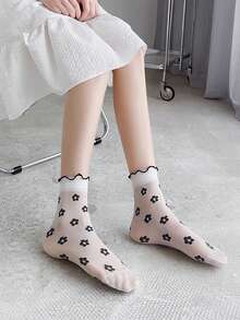 4 Pairs Girls' Mid-Calf Socks With Heart, Bow, Polka Dot, Flower Patterns, Straight Tube Design With Black & White Ruffle Trim, Spring/Summer - Multicolor - View 3
