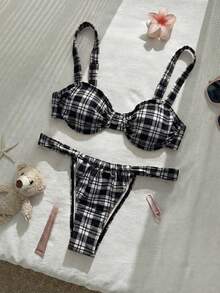 Ensemble de bikini à armatures avec bretelles larges, imprimé sexy à carreaux rouges, convient pour les fêtes au bord de la piscine et les tenues de plage, vacances d'été noir - Noir - Voir 2