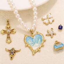 1件装不锈钢时尚心形、十字架、牛头造型包包挂饰，可用于装饰包包、项链和耳环，是DIY珠宝制作的理想配件，适合日常佩戴。 - 金黃色 - 查看 2