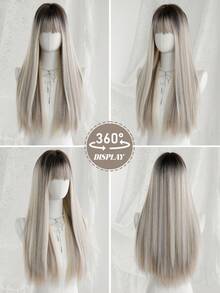 NAMM 24 Inch Long Straight White Blonde Wig For Women Mixed Brown Highlight, Gorgeous Fluffy Synthetic Wig With Bangs-Dark Roots Natural Appearance Very Soft Synthetic Heat Resistant Fiber Hair, Beautiful Full Machine Hair Wig Suitable For Fashion Girls Daily,Anime Or Costume Cosplay Decoration,Music Festival Dance Party Street Wear Use - White Highlight - View 6