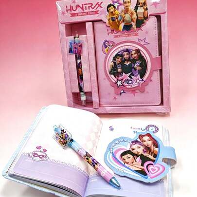 K-POP Girl Group Theme Premium Notebook Gift Set - Hard Cover Notebook With Character Shaped Ballpoint Pen And Decorative Bookmark, Vivid Character Art Design, Collectible Fangoods, Suitable For K-POP Girl Group Fans, Stationery Lovers And Lifestyle Enthusiasts, Great For Writing, Note-Taking And Planning