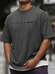 One Wave Men's Casual Versatile Simple English Slogan Printed Short Sleeve T-Shirt - Dark Grey - View 1