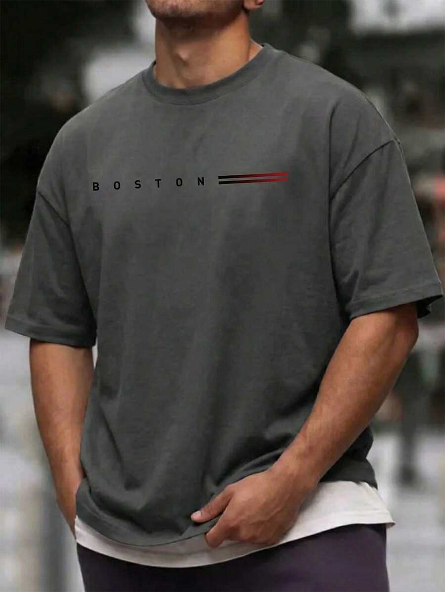 One Wave Men's Casual Versatile Simple English Slogan Printed Short Sleeve T-Shirt - Dark Grey - View 1