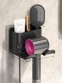1pc Plastic Wall-Mounted Hair Dryer Holder - Bathroom Hair Dryer Storage Rack, No Drilling Required With Plug Hook - Multicolor - View 7