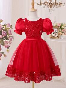 Spring/Summer Girls' Elegant Princess Dress With Crystal Embroidered Bow, Sequins & Mesh Details At Back - Red - View 1