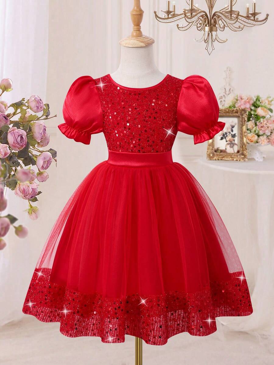 Spring/Summer Girls' Elegant Princess Dress With Crystal Embroidered Bow, Sequins & Mesh Details At Back - Red - View 1