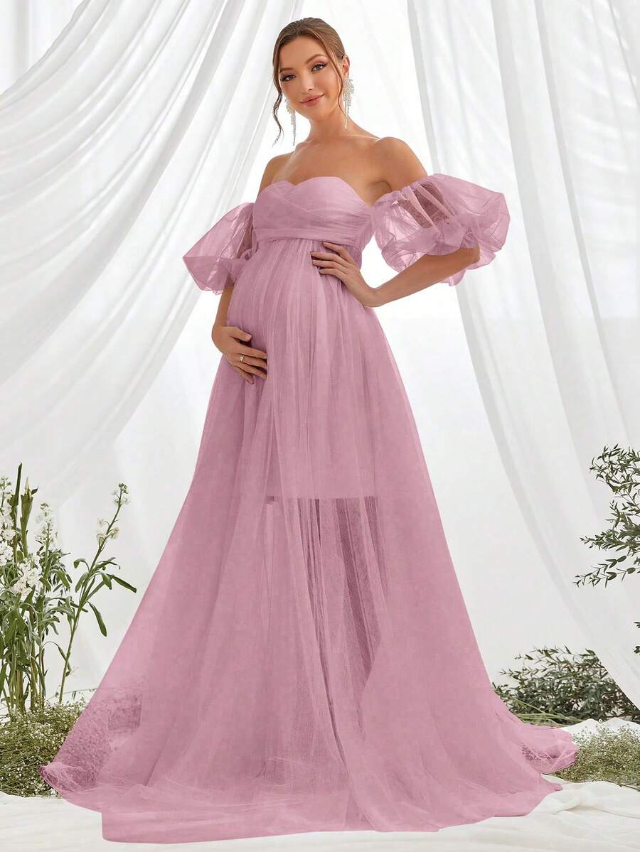 Faeriesty Elegant Maternity Soft Pink Off-Shoulder Bubble Sleeve Maxi Party Gown - Dusty Pink - View 1
