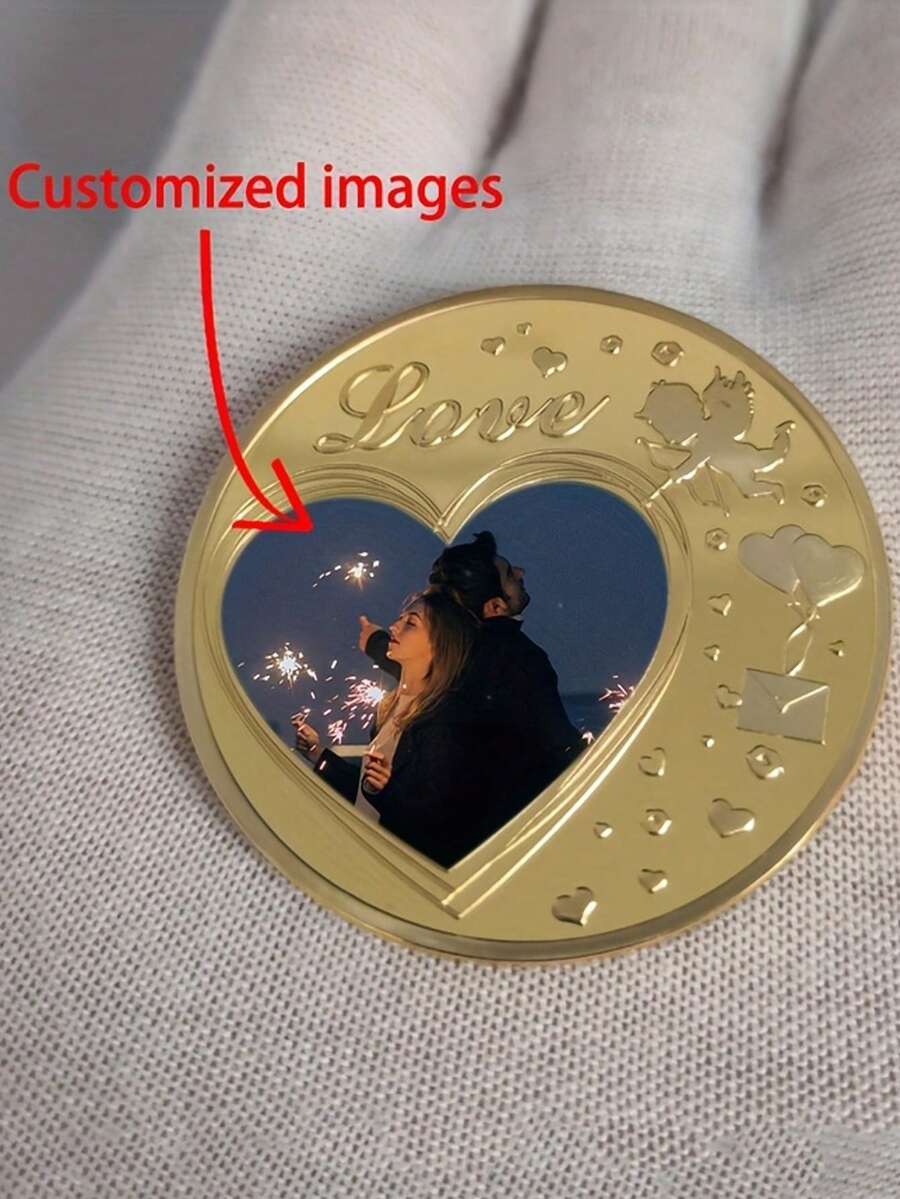 Customized Commemorative Coin, Photo Customization, Creative Photo Gift, Round/Heart-Shaped Photo Couple Commemorative Coin With Rose Pattern, Valentine's Day Gift