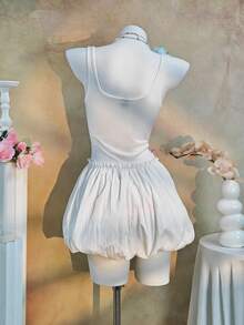 Đầm ngắn Happy Girl kiểu dáng thanh lịch, phối ren, nơ, dây mảnh, eo xếp ly, viền bèo nhún, chất liệu nhẹ, phong cách nghỉ mát, thích hợp cho mùa xuân/hè. - trắng - Xem 7