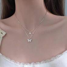 Bohemian Style Gold & Silver Double Layer Chain Butterfly Necklace, Creates A Casual Fashionable Look, Suitable For Women's Daily Outfit - Silver - View 4