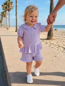 Conjunto de verano para niñas pequeñas, camiseta de manga corta con botones y dobladillo con volantes y pantalones cortos elásticos, ropa bonita de 2 piezas - Morado - Ver 5