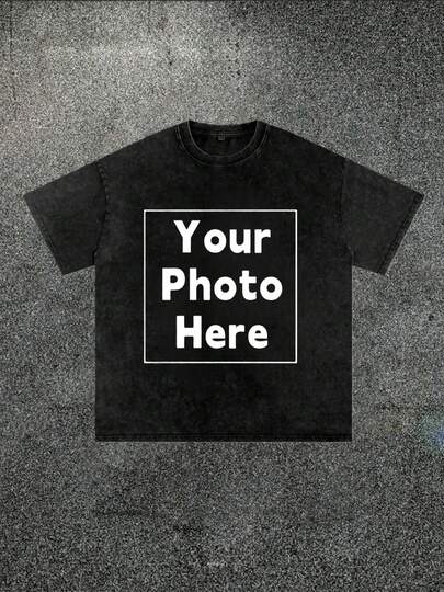 Customized Water Washed Retro T-Shirt, Personalized Photo Vintage T-Shirt, New Year, Spring Festival, Valentine's Day, Mother's Day, Father's Day, Customized Gift, Customized Women's/Men's T-Shirt - Add Your Own Images (Family Photo/Family Member Photo/Party Photo/Group Photo/Selfie/Girlfriend's Photo/Boyfriend's Photo) To Design Your Own Personalized Printed T-Shirt, New Year's Gift, Valentine's Gifts, Photos Of Babies/Couples/Families/Pets,Chic Summer And Spring,Street Casual Tops