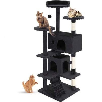 Árbol para gatos de 54" de altura en color gris oscuro. Centro de actividad interior multinivel con cómodas casitas y perchas mullidas. Cuenta con postes de rascado de sisal para proteger los muebles y juguetes colgantes atractivos para diversión felina sin fin.