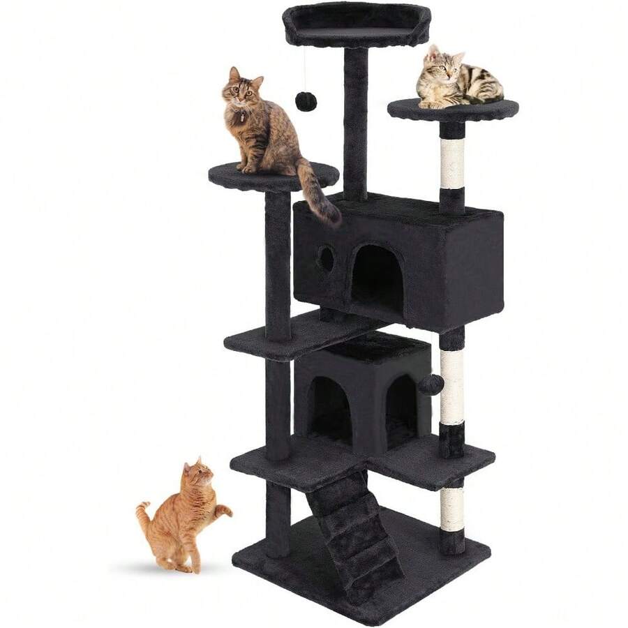 Tall 54" Dark Gray Cat Tree Tower. Multi-Level Indoor Activity Center With Cozy Condos & Plush Perches. Features Sisal Scratching Posts To Protect Furniture & Engaging Hanging Toys For Endless Feline Fun. - Dark Grey - View 1